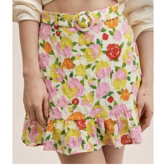 Mango Dresses & Skirts - MANGO Women’s Pradera Colorful Floral Belted Lined Mini Skirt Size XL